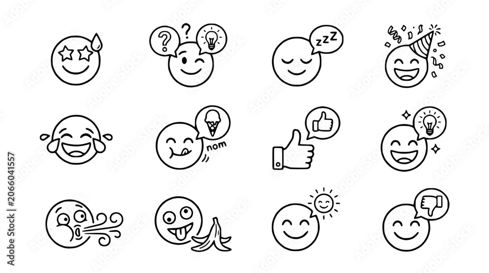 Fototapeta premium Set of hand-drawn emoji icons with different emotions and symbols, vector illustration