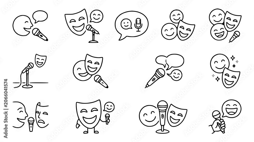 Fototapeta premium Comedy And Tragedy Masks with Microphone Icons Set - Performance, Stand-up, Acting