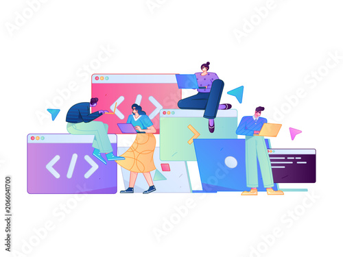 Programming teaching development flat character vector concept operation hand drawn illustration
