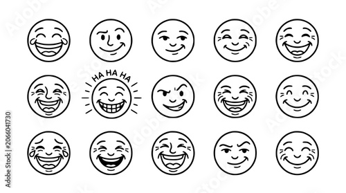 Fotografie Set of hand-drawn cartoon faces expressing various emotions like laughter, joy, and mischief