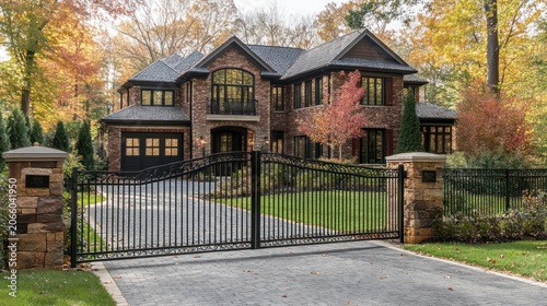 Grand, two-story brick home with a gated entrance surrounded by autumn foliage