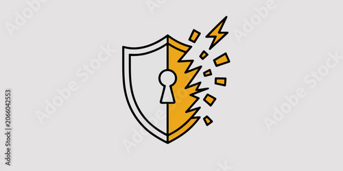 Broken shield with a keyhole on one side and jagged pieces on the other, representing security