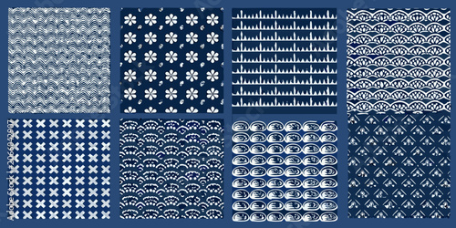 Cuadro en lienzo Indigo wave and floral patterns traditional japanese textile designs