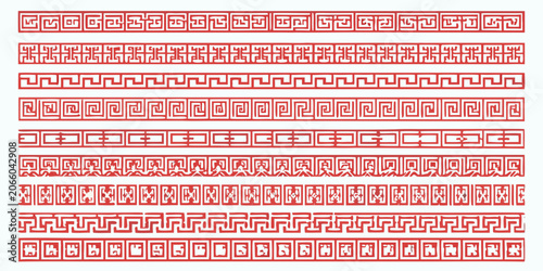 Bild auf Leinwand Red ornamental borders on white background repeating geometric pattern