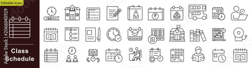Class schedule icon set. Containing education timetable, university lesson, school calendar, semester course, and academic planning. Editable stroke. Vector illustration