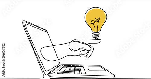Single line of a hand emerging from a laptop screen holding a glowing yellow light bulb