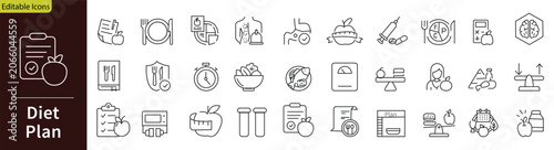 Diet plan icon set. Containing weight loss tracking, nutrition management, calorie counting, healthy food fitness, and regime balance. Editable stroke. Vector illustration