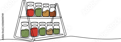Two Tiered Kitchen Spice Rack With Colorful Jars Filled With Liquids And Spices In Line