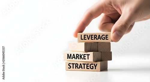 A finger points to stacked leverage blocks representing strategic market planning, business development, financial leverage, and sustainable organizational growth.