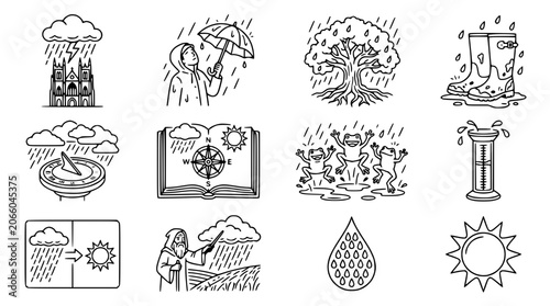 Obraz na plátne Weather Forecast Icons: Rain, Sun, Storm, Meteorology, Nature & Seasons