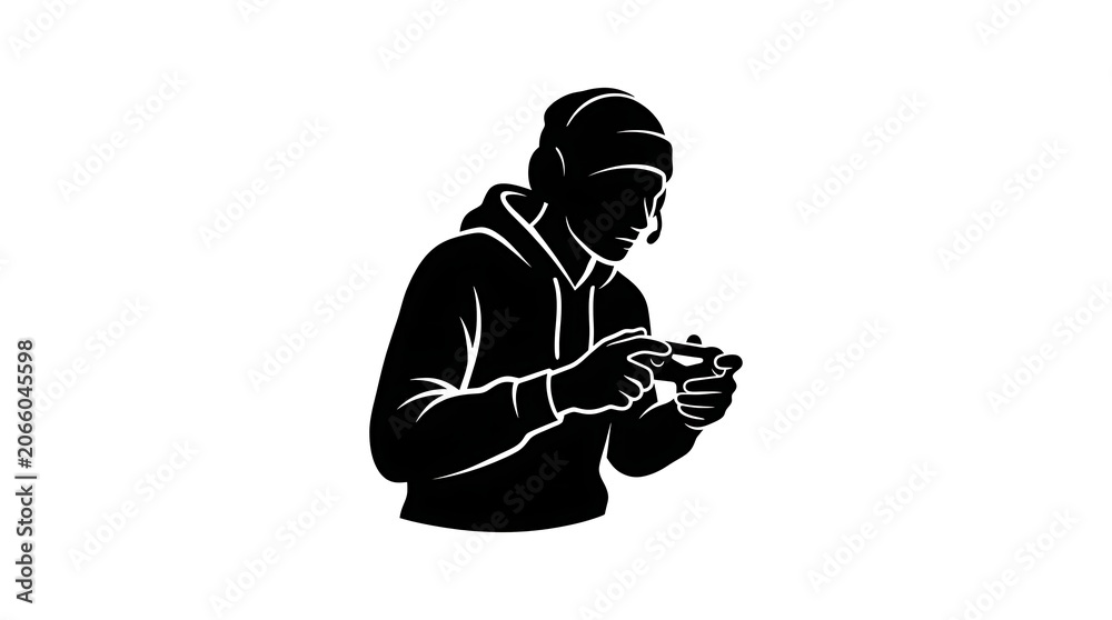 Naklejka premium Gamer in Hoodie Playing Video Game with Controller, Silhouette Style