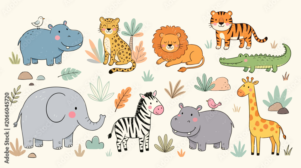 Fototapeta premium Whimsical watercolor safari animals illustration featuring a hippo, lion, tiger, zebra, elephant, giraffe, monkey and other cute jungle creatures for kids and nurseries.