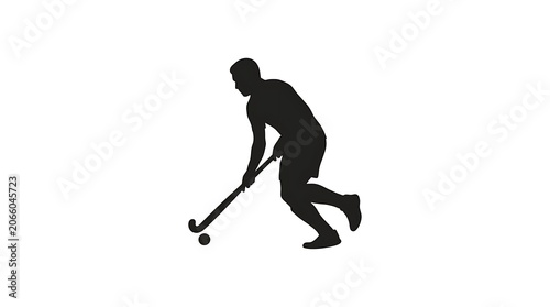 Silhouette of a Hockey Player Dribbling Ball on White Background