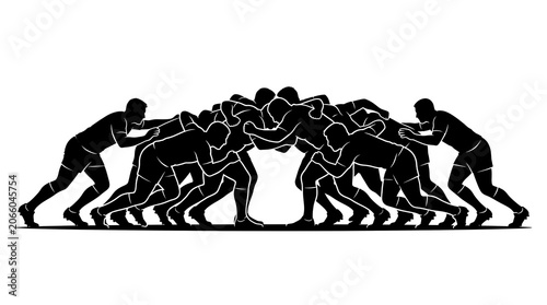 Rugby Team in Scrum Formation Pushing Against Each Other in Silhouette