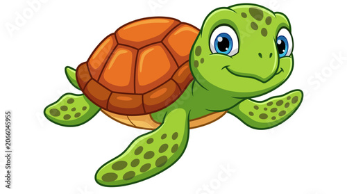 Playful cartoon green sea turtle with an orange shell, a kid-friendly wildlife mascot for children's books and educational content