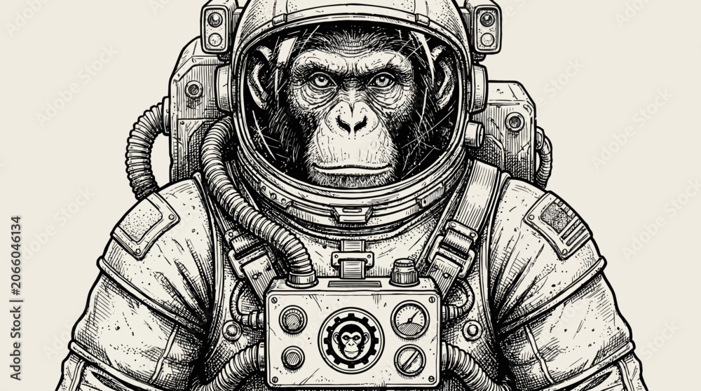 Obraz premium Chimpanzee astronaut wearing a detailed vintage spacesuit in a sci-fi illustration, a concept art piece for wildlife explorer characters.