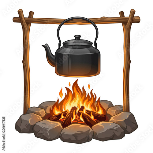 Campfire Kettle Cooking: A black kettle hangs over a crackling campfire, suspended from a rustic wooden frame, with stones forming the hearth, creating a cozy outdoor cooking scene.
