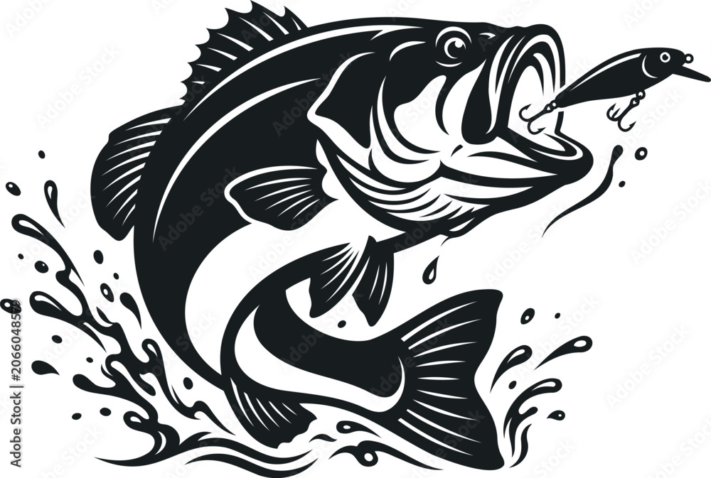 Fototapeta premium Black and white bass fish jumping for a fishing lure