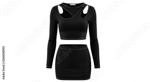 Black Women's Loungewear Mockup: Long-Sleeve Cut-Out Crop Top and Mini Skirt Fashion Set