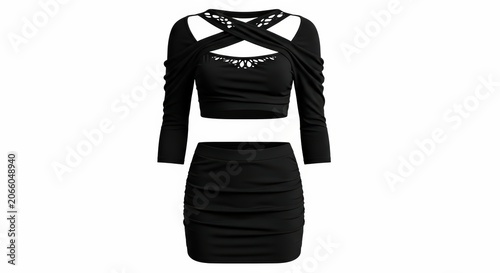 Black Women's Loungewear Mockup: Ruched Halter Long-Sleeve Crop Top and Mini Skirt Fashion Set