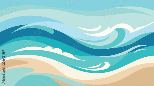 Stylized ocean wave vector background with abstract blue sea water curves and beige sand