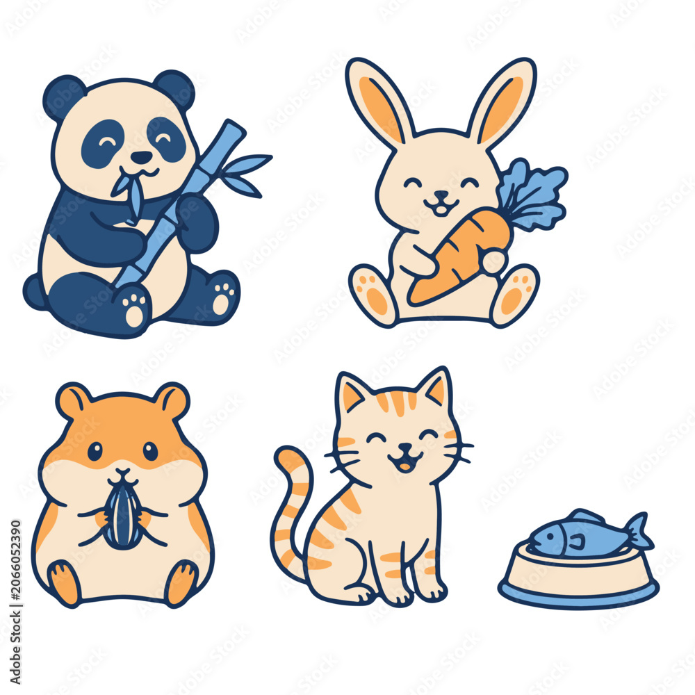 Fototapeta premium Cute Animals Sticker Collection with Giant Panda Bamboo Rabbit Hamster and Kitten 