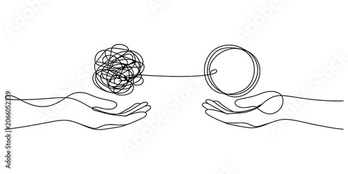 Quadro su tela Continuous line art of two hands holding a tangled mess of thread and a neat cir