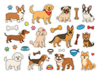 Cute dog clipart set featuring various puppy breeds, pet toys, bone, and paw print elements. Flat vector illustration in sticker style with white border isolated on white background.