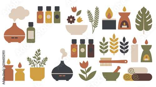 The arrangement of various aromatherapy items on a table includes bottles, plants, and candles in a natural setting with Aset1.eps reference.