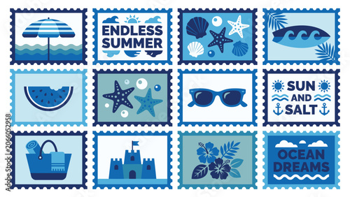 Aset3 eps illustration shows a collection of ocean-themed icons and phrases