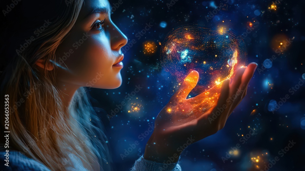 Naklejka premium Woman holding glowing orange orb with sparkling particles in her hand