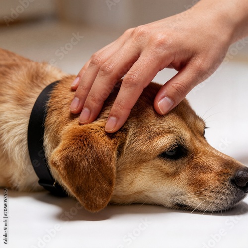 Human hand gently stroking sad or tired golden dog head ideal for pet care concepts animal rescue advertising and veterinary website