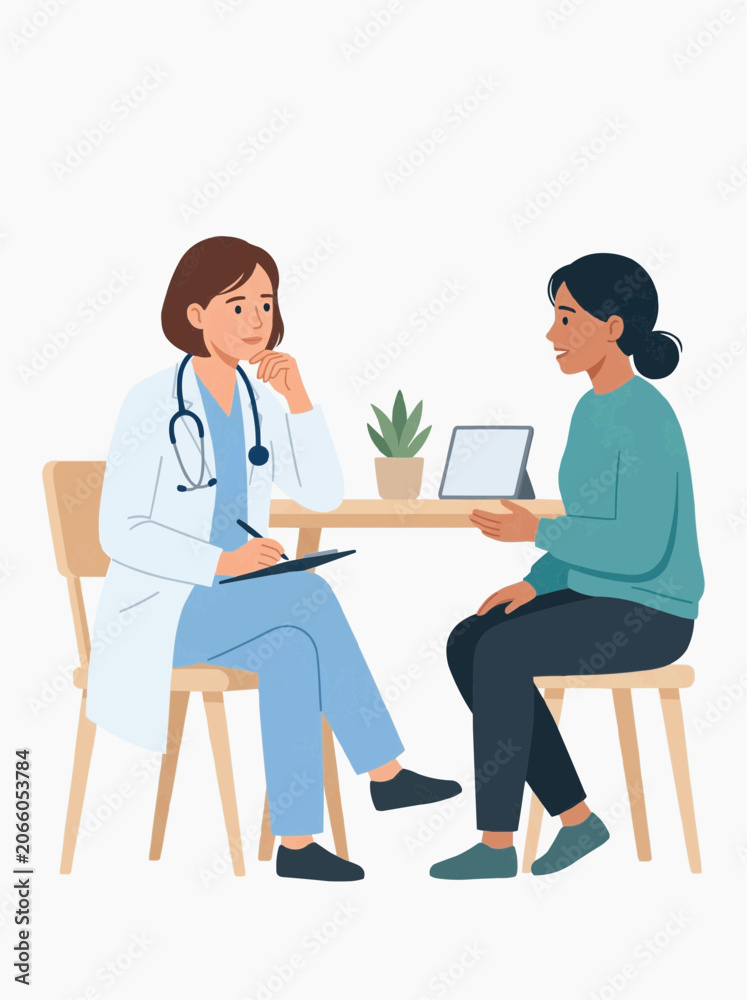 Fototapeta premium Doctor consulting with patient, doctor taking notes on clipboard, patient talking and gesturing