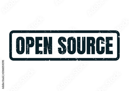 Vintage style rubber stamp graphic with the text open source for technology and software development industry