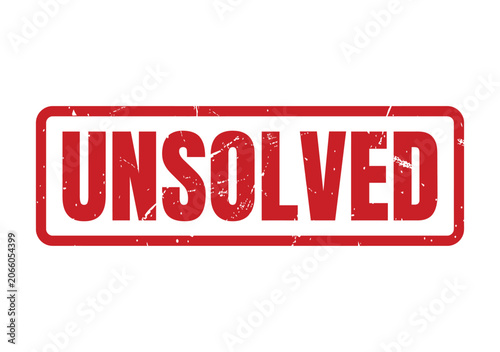 Vintage style red rubber stamp text reading unsolved with a gritty and weathered surface effect