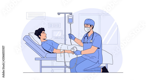 Medical Professional Administering IV Drip Treatment to Patient in Hospital Room