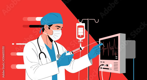 Medical Professional Administering Medication And Checking Patient Vital Signs. Artwork Illustration