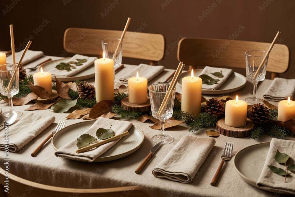 Fototapeta premium Sustainable Festive Dinner Arrangement with Beeswax Candles