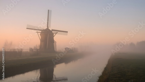 Windmill sunrise in the fog. Sunrise and a canal in the spring fog