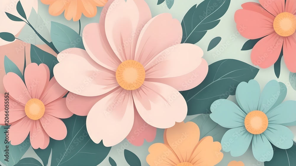 Fototapeta premium Delicate pastel paper cut flowers background illustration. Soft spring floral pattern with gentle pink, blue, and orange blossoms.