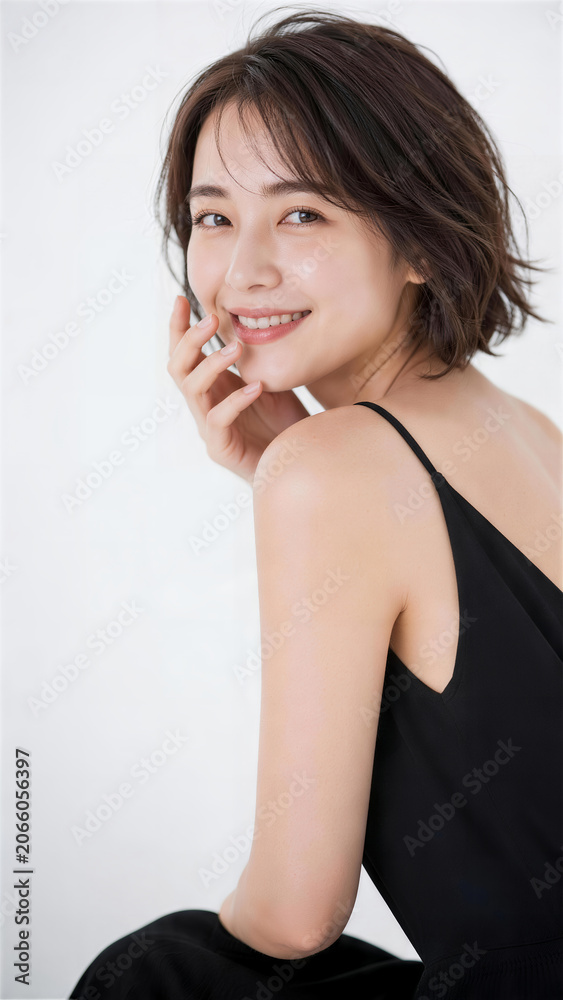 Naklejka premium 座って振り返るボブヘアの日本人女性の美容ポートレート