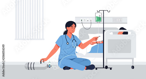 Medical Professional Administering Treatment and Care Inside Hospital Room for Patient