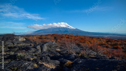A breathtaking view of a snow-capped mountain, its peak partially shrouded in clouds against a clear blue sky.