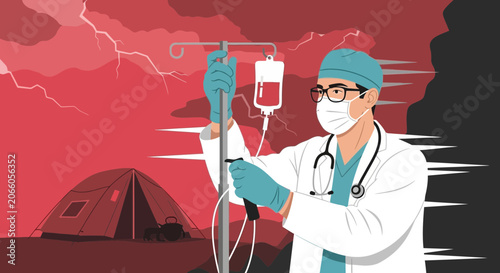 Medical Professional Administering Treatment Amidst Natural Disaster in Stark Illustration