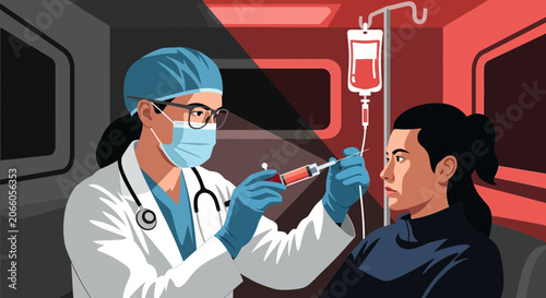 Medical Professional Administering Treatment and Care Inside Modern Futuristic Ambulance
