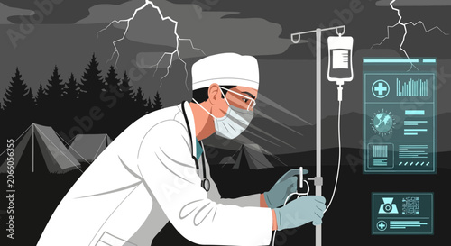 Medical Professional Administering Treatment Amidst A Stormy Environment While In A Field Hospital