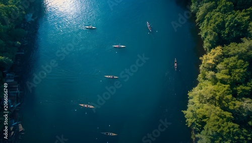 Photo of rowing boats from above taken use a drone when summer.