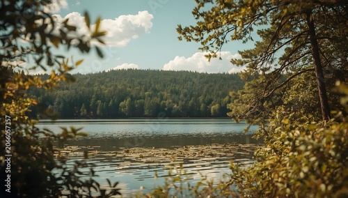 Beautiful landscape scenery with lake and green forest.