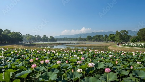 Morning scenery of the park with beautiful lotus flowers.