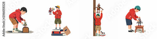 Fotografie A collection of four cartoon illustrations showing a young boy in a red jacket playing with a vintage toy robot in different scenarios